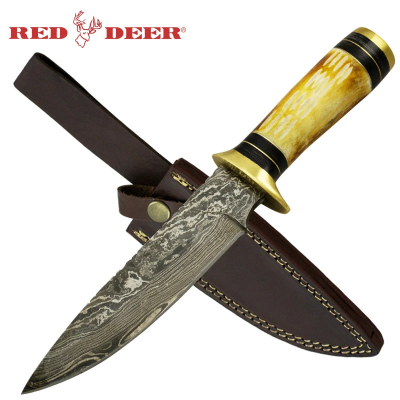 Red Deer Bone Cherokee Damascus Bone Handle Knife